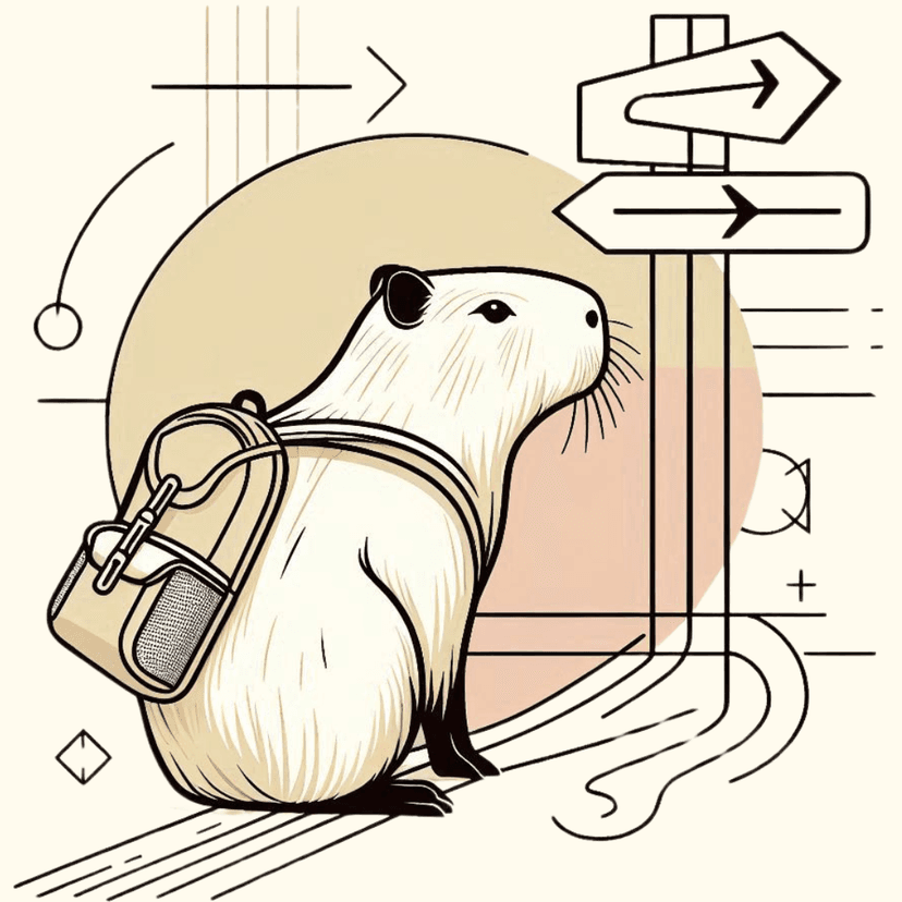 Illustration of a capybara with a backpack looking at a signpost